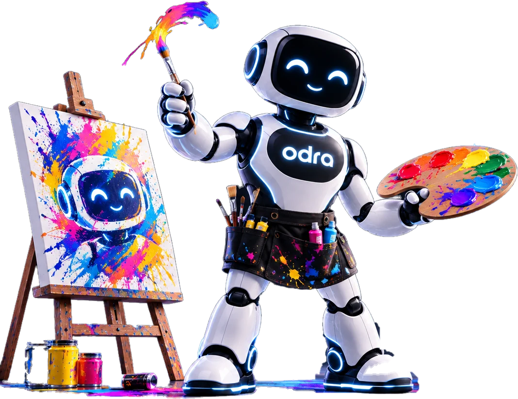 Odra, la mascotte d’Odratta, pinceau levé et palette en main, à côté d’un chevalet qui porte son portrait.
