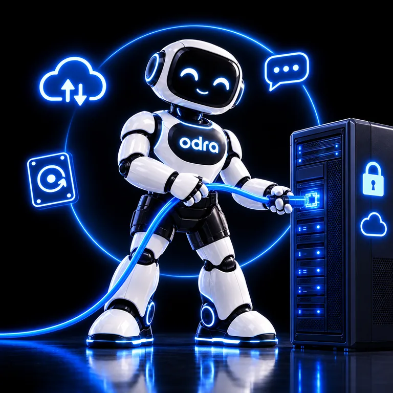 Version hosting&nbsp;: il branche un câble sur un serveur.
